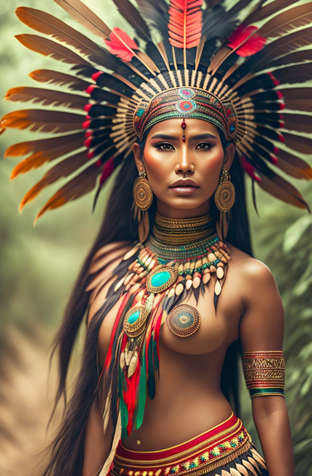 Indigenous woman in feathered headdress and tribal jewelry against natural backdrop