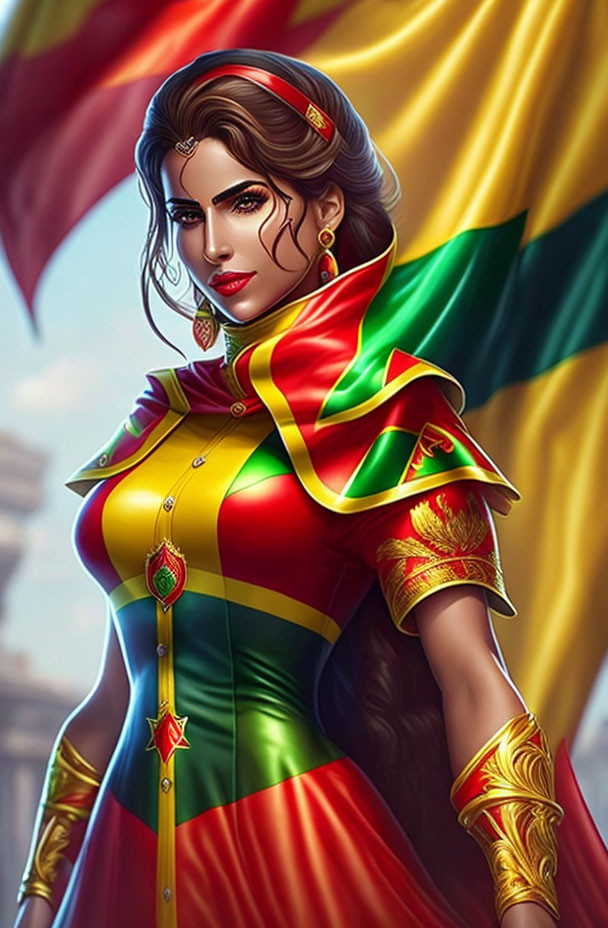 Colorful superheroine in vibrant costume and flowing cape against cityscape