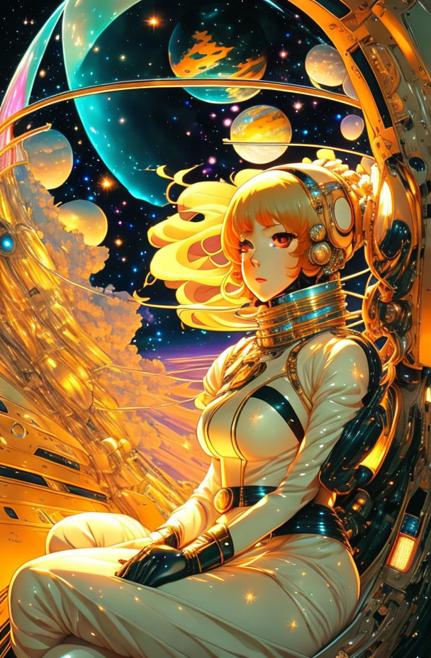 Female astronaut in futuristic suit contemplates in spaceship with celestial backdrop