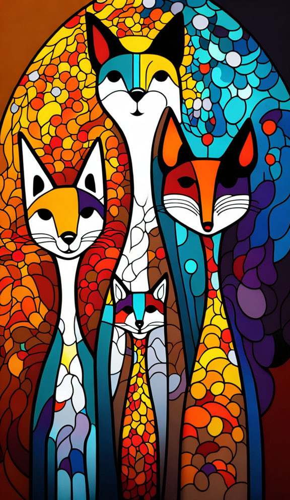 Vibrant mosaic fox illustrations on dark background