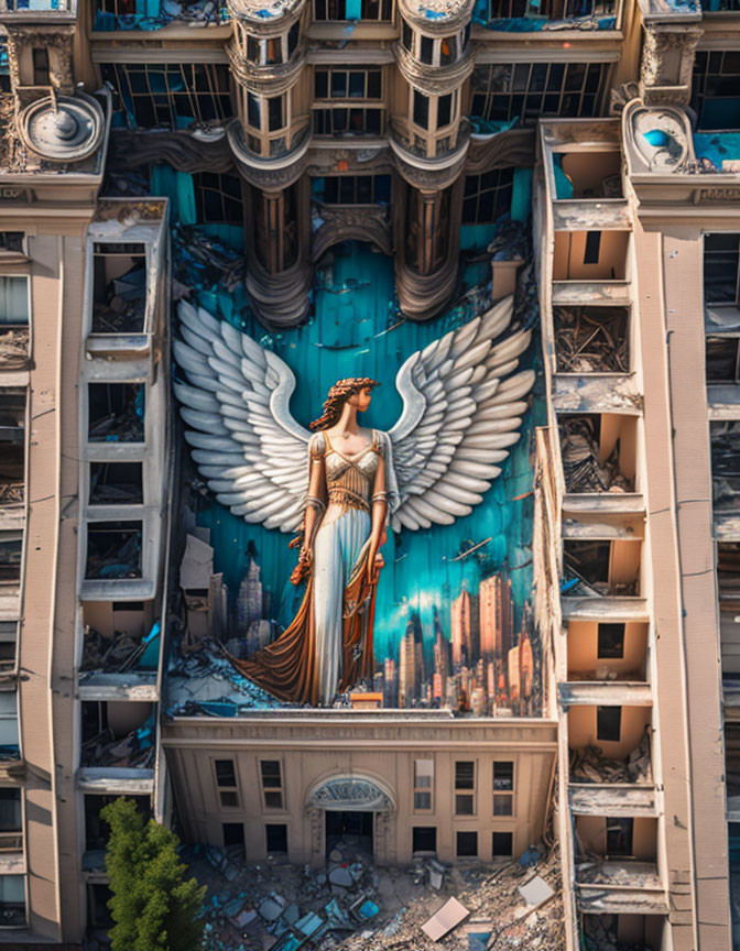 Urban building with large angelic mural depicting winged figure in classical attire amidst ruins.