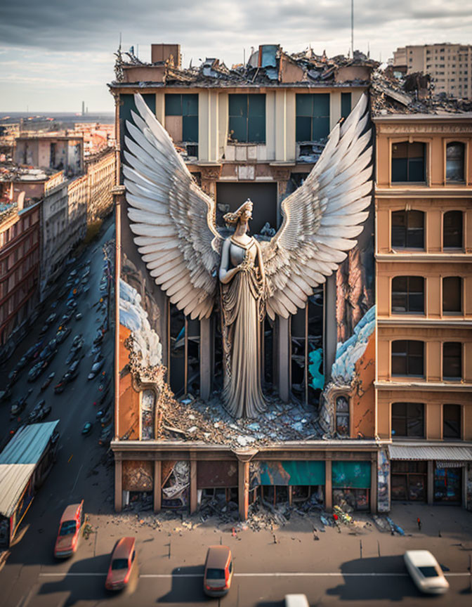 Large-winged angelic statue in urban building facade.