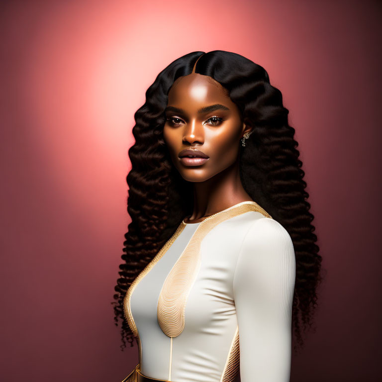 Woman with Long Wavy Hair in White Outfit on Warm-Toned Background