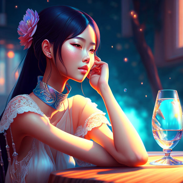 Digital artwork of young woman in thoughtful pose with flower in hair, glass of water, warm ambient light