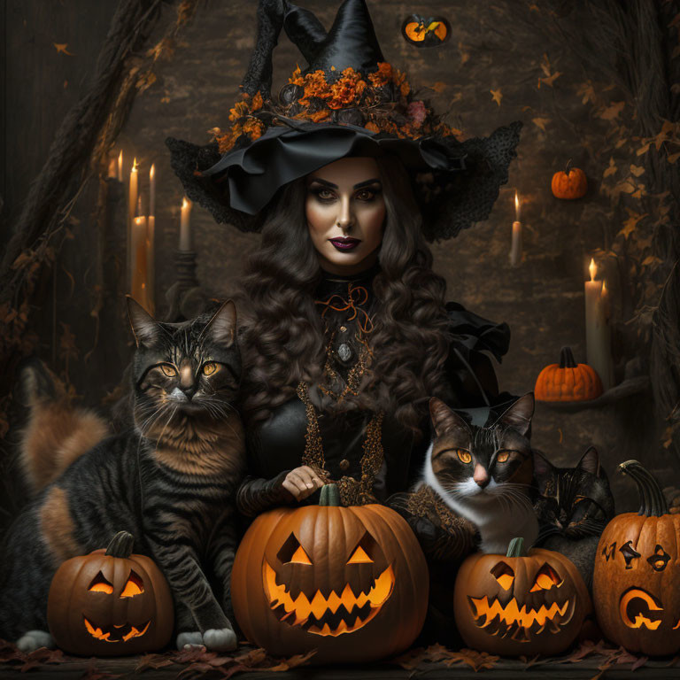 Woman in witch costume with cats, pumpkins, and candles in Halloween scene