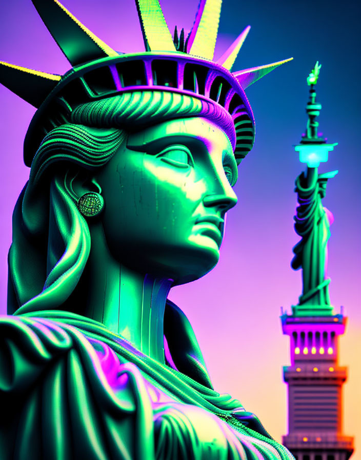 Vibrant digital artwork: Statue of Liberty on colorful gradient background