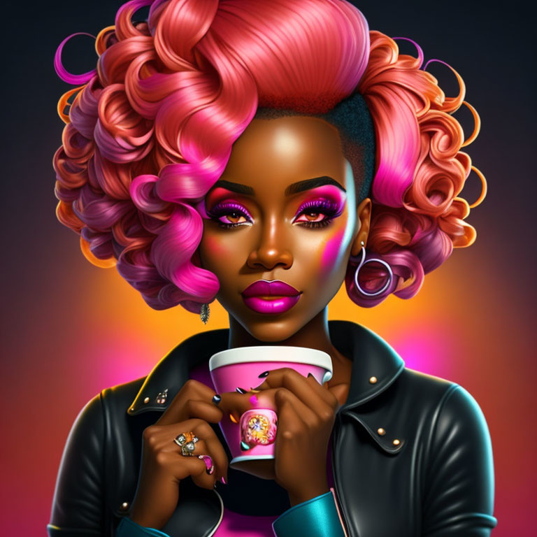 Vibrant pink hair woman with bold makeup holding a cup on dark background