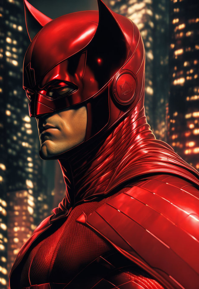 Person in Shiny Red Superhero Costume with Cowl and Horns in City Lights Background