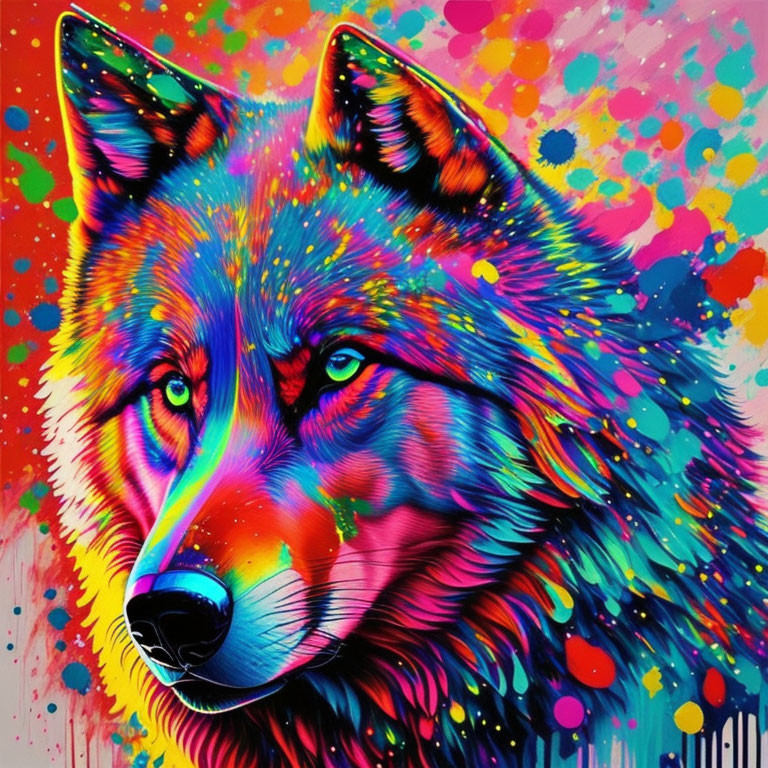 Colorful Wolf Portrait with Psychedelic Paint Effects