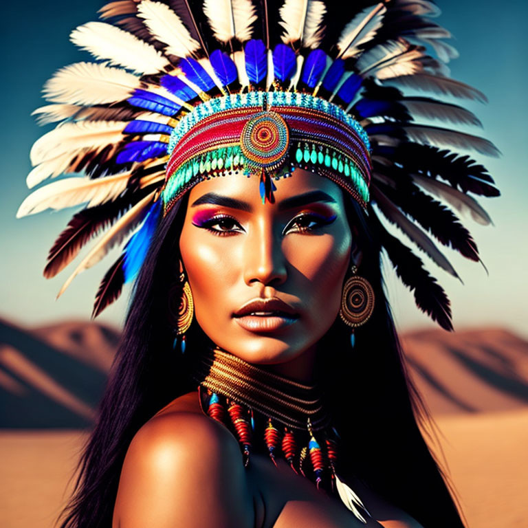 Woman with Striking Makeup in Feathered Headdress and Desert Background