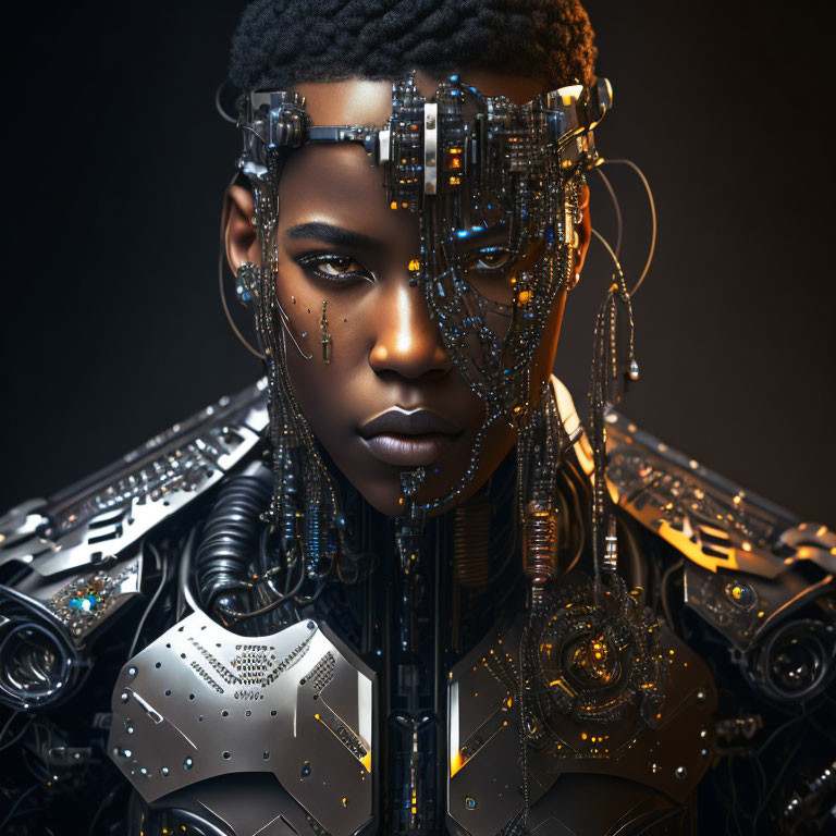 Female cyborg with intricate mechanical parts and braided hair.