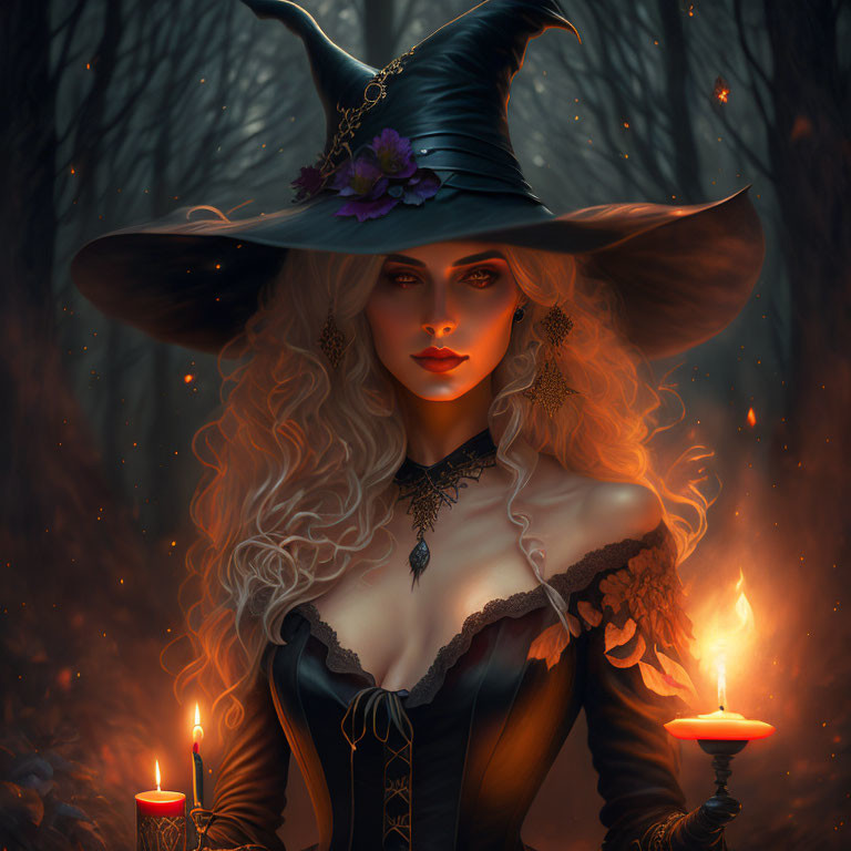 Blond witch in wide-brimmed hat with candle in mystical forest