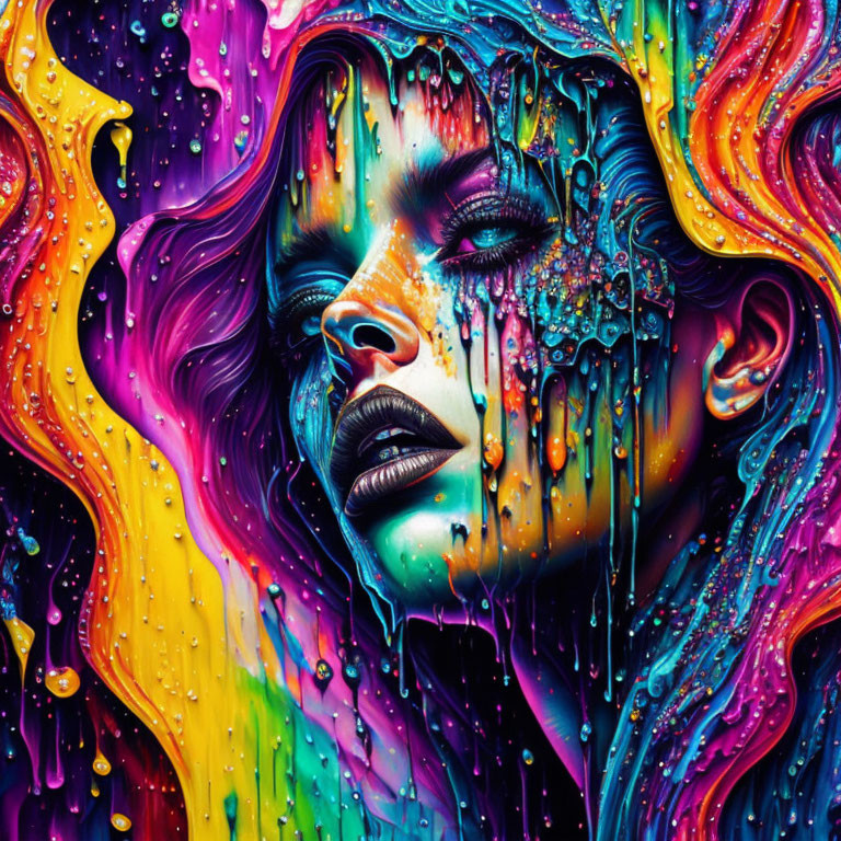 Colorful artwork: Woman's face with flowing multicolored paint streams