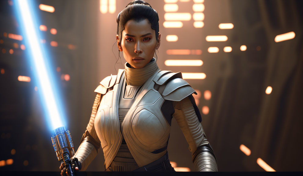 Female character in futuristic armor wields blue lightsaber in sci-fi setting.