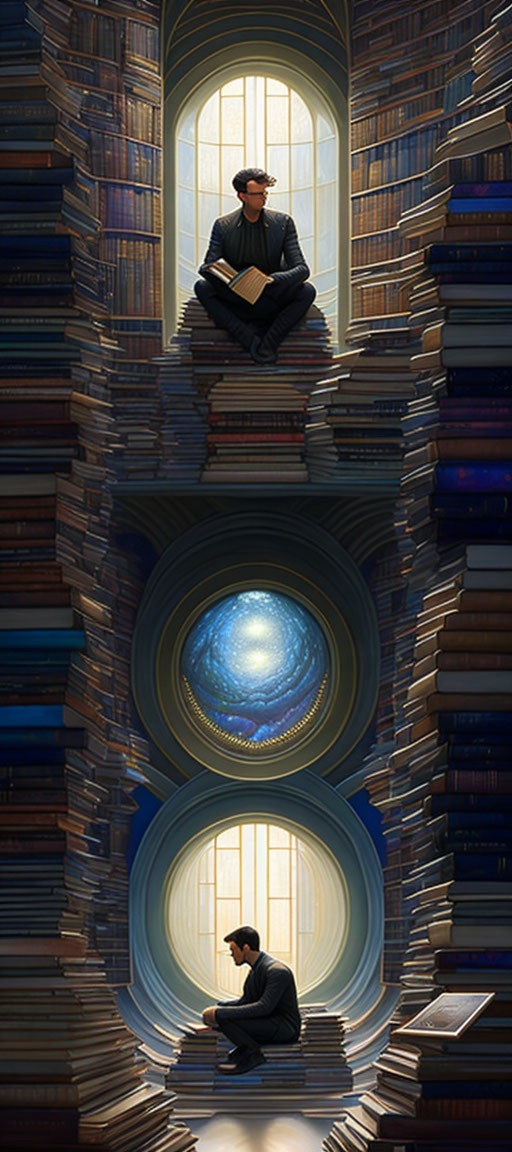 Person reading on tall stack of books in library setting