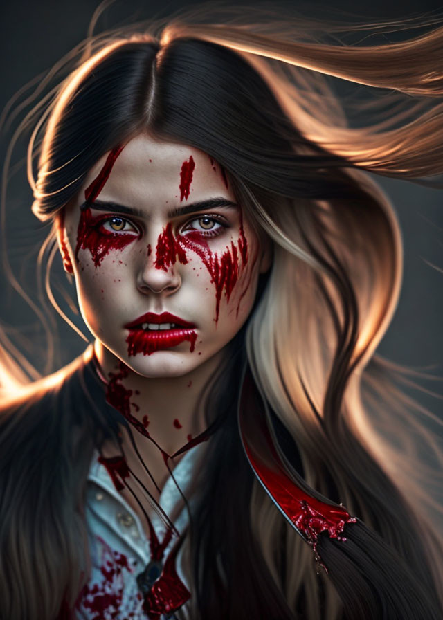 Digital Artwork: Woman with Intense Blue Eyes and Blood Splatters