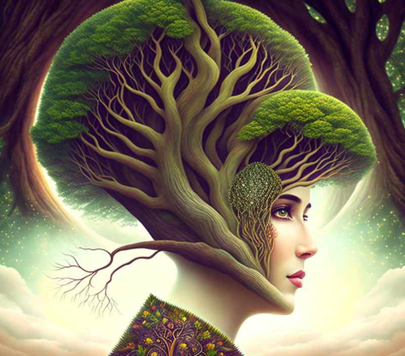 Woman with Tree Hair: Digital Artwork Symbolizing Deep Nature Connection