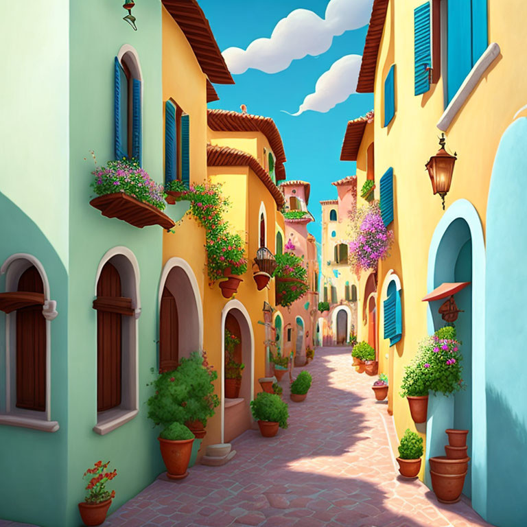 European-style Village Street with Pastel Buildings and Flowers