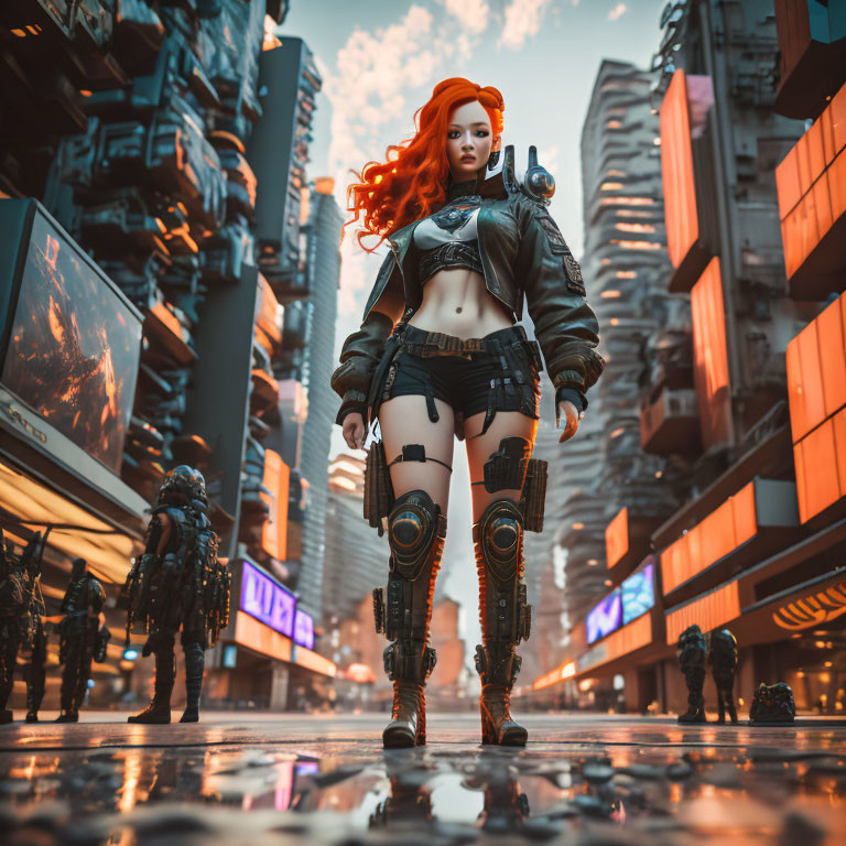 Vibrant red-haired woman in futuristic cityscape with armored figures