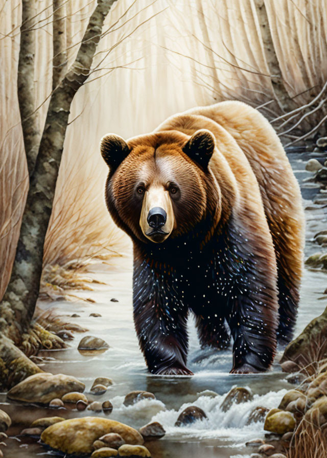 Brown bear walking in stream surrounded by tall trees