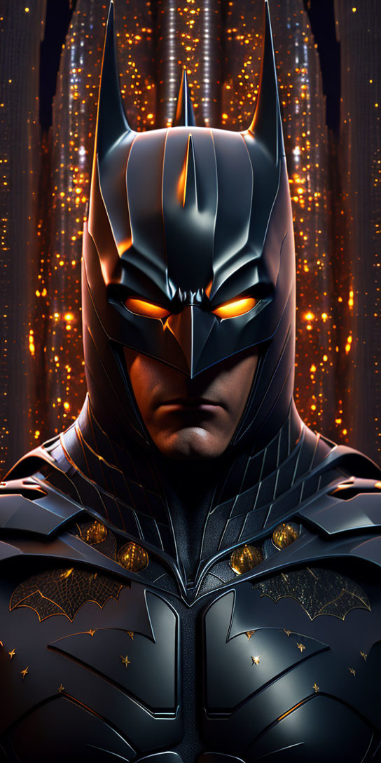 Close-up of Batman in black suit and cowl with intense eyes against golden city lights.