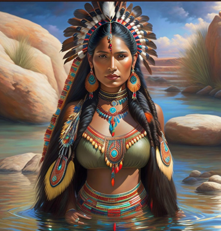 Digital painting of woman in Native American attire with feather headdress & desert backdrop