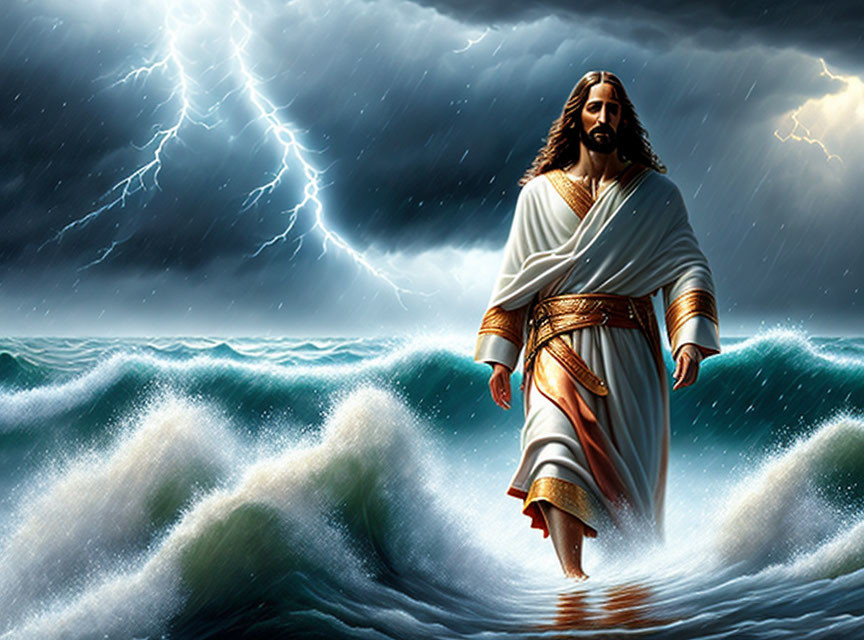 Bearded Man in Historical Robes Walking on Tempestuous Sea