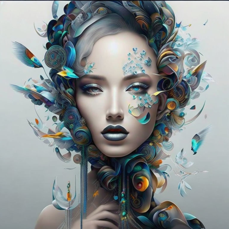 Surreal digital art: Woman with swirls, feathers, butterflies in blue & earth tones