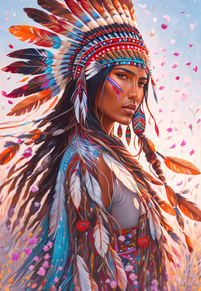 Vibrant Native American headdress woman with butterflies in field