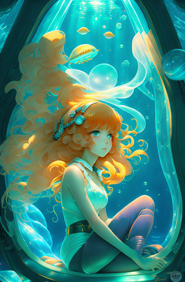 Illustrated girl with orange hair in underwater scene with jellyfish and bubbles