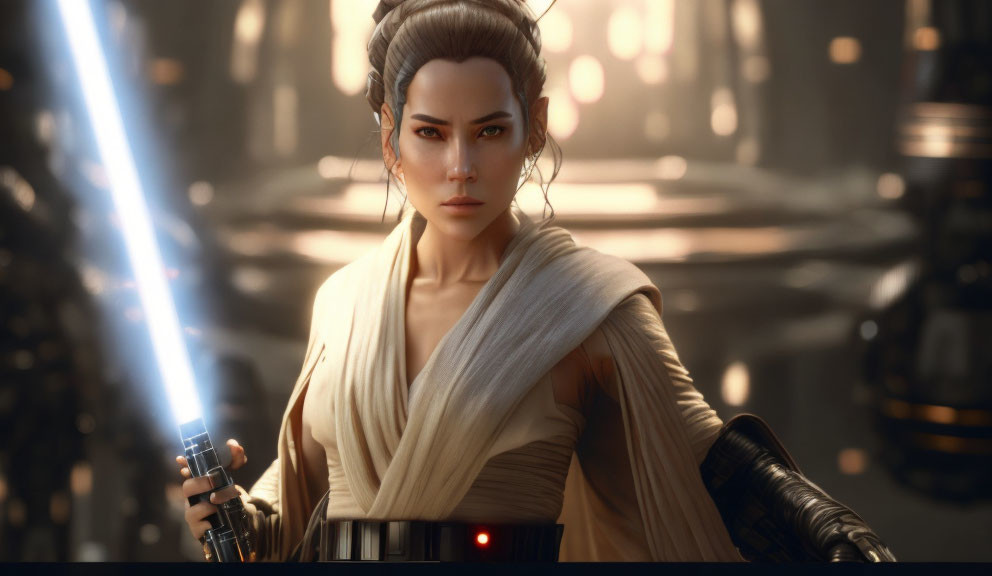 Female character with Jedi-like hairstyle wields blue lightsaber in futuristic setting