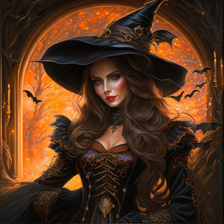 Fantasy illustration: Woman in witch costume with wide-brimmed hat, autumn leaves, and bats