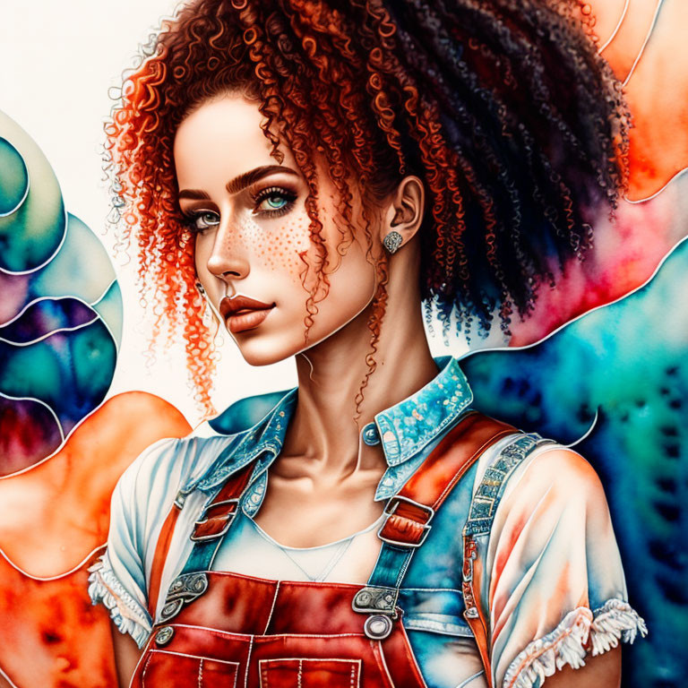 Voluminous curly hair woman in denim overalls illustration