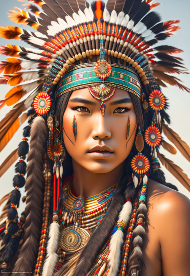 Intricate face paint and Native American headdress with colorful feathers and beads.