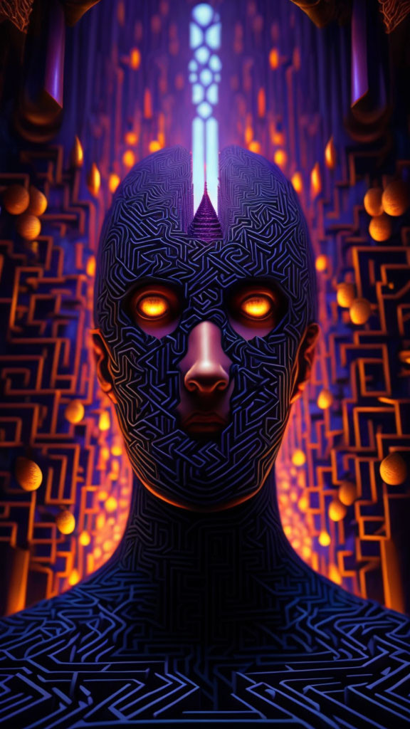 Digital artwork: Humanoid face with maze patterns and glowing orange eyes on violet backdrop