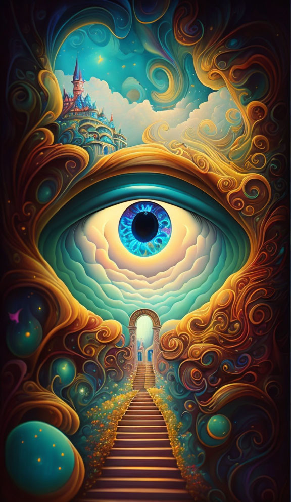 Fantastical image: Stylized eye, swirling cloud tunnel, castle, orbs, stairway