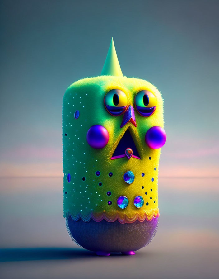 Colorful 3D illustration of a cylinder-shaped character with large eyes and a cone top