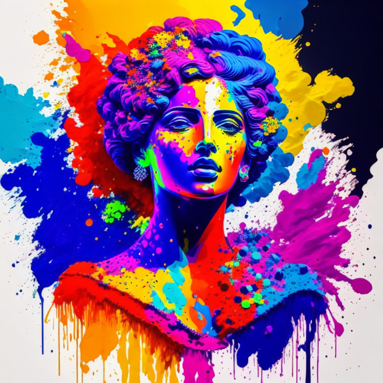 Colorful portrait of a woman with splatter paint effect on black background