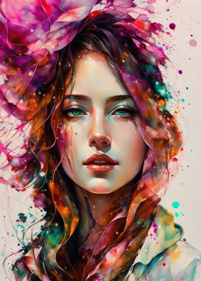 Colorful Hair Woman Portrait Against Abstract Paint Splash Background