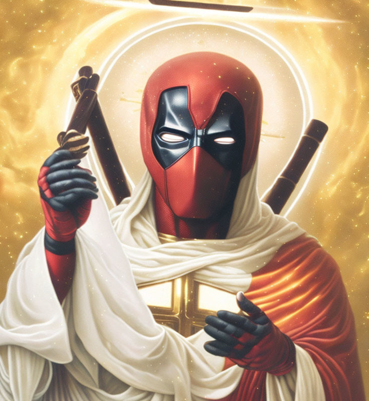 Costumed character with red and black mask holding swords on golden background