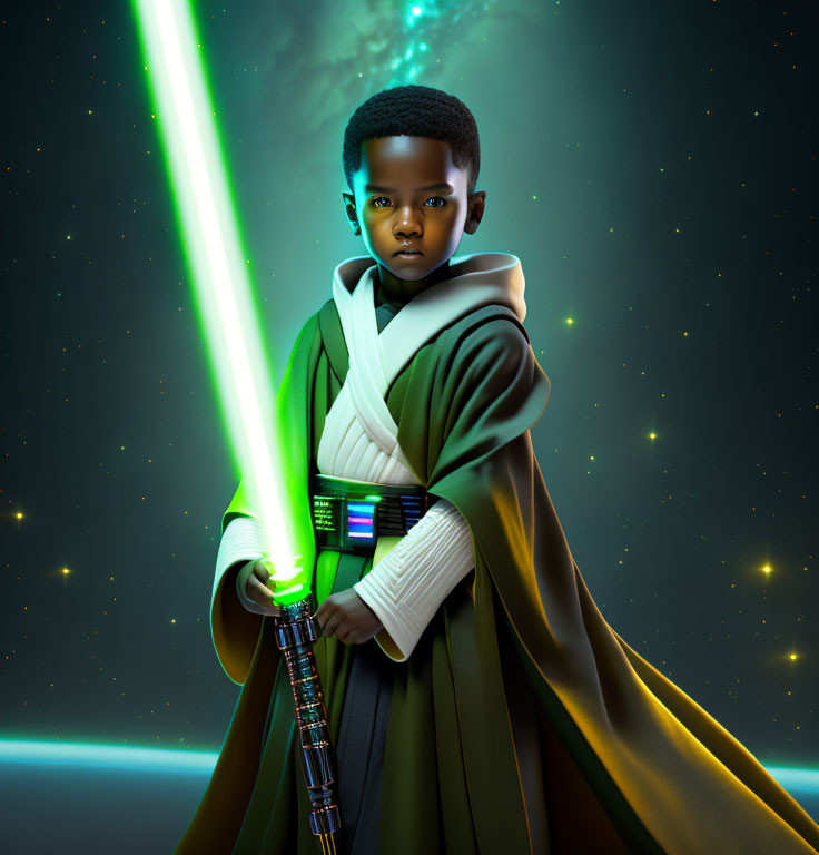 Child in Jedi costume with green lightsaber against cosmic backdrop