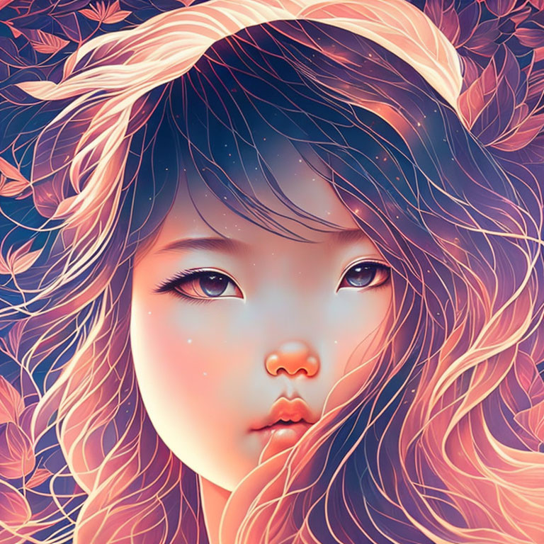 Stylized young girl with flowing hair and autumn leaves in cosmic theme and rich pink-purple palette.