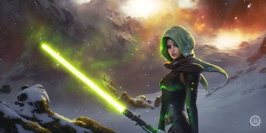 Hooded female figure with green lightsaber in snowy mountain landscape