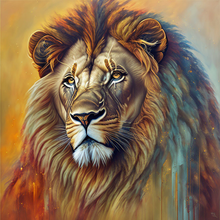 Vibrant digital painting of a lion with golden mane and piercing eyes