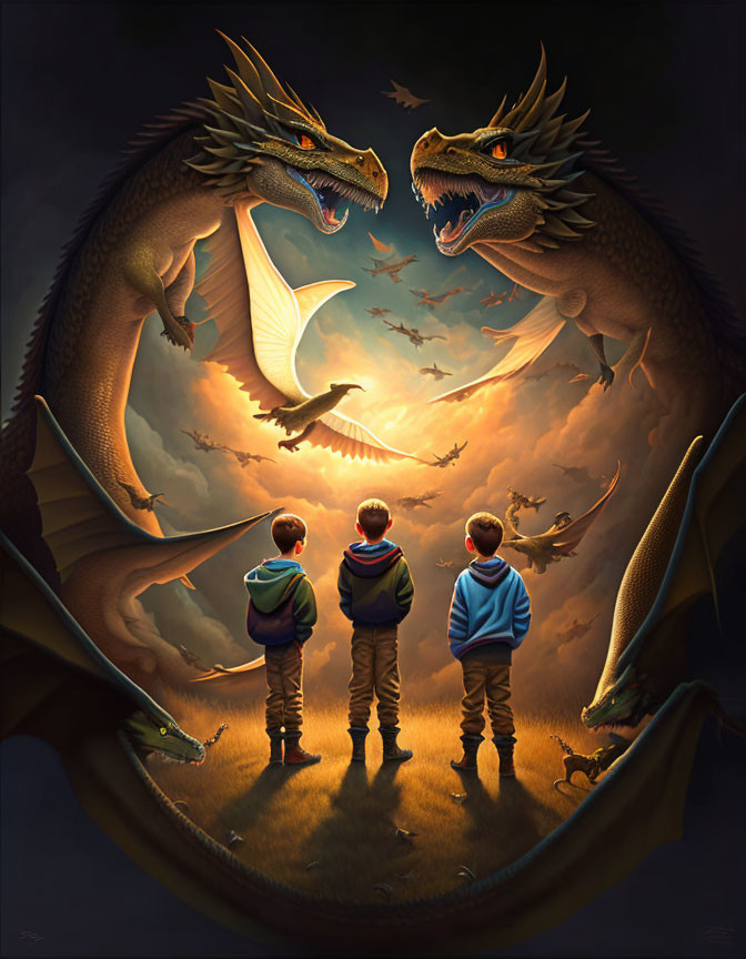 Children face dragons in illuminated fantasy scene