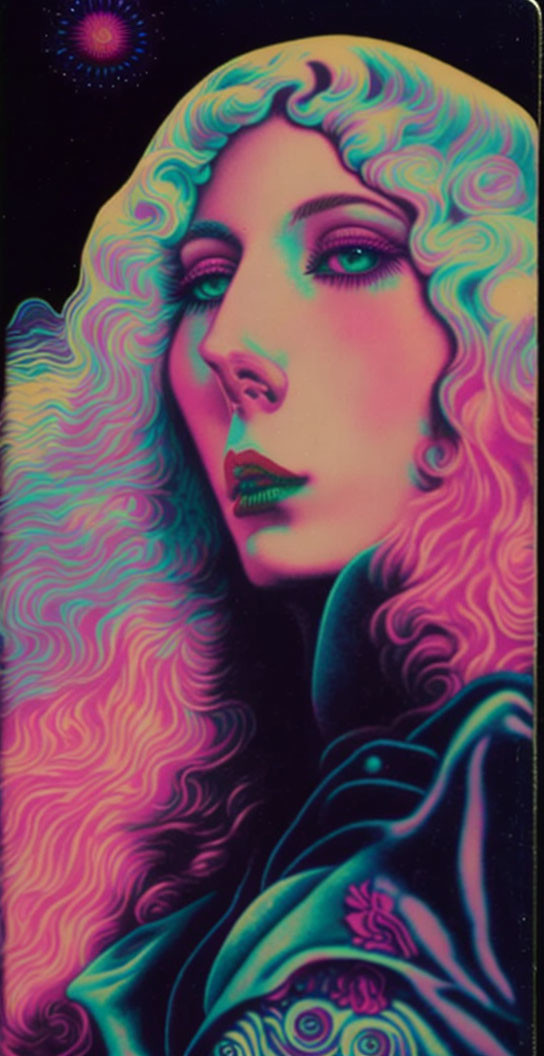 Vibrant surreal portrait of a woman with wavy hair in cosmic setting