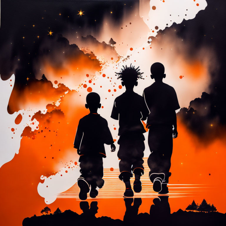 Silhouetted figures walking on bridge against orange and black splattered background.