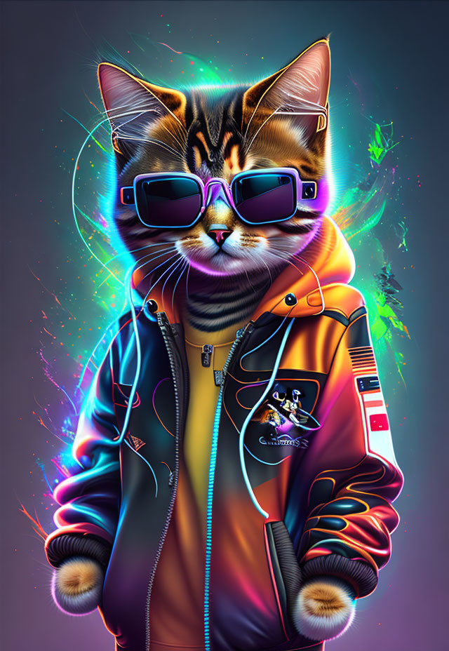 Cat in sunglasses and space jacket on cosmic background