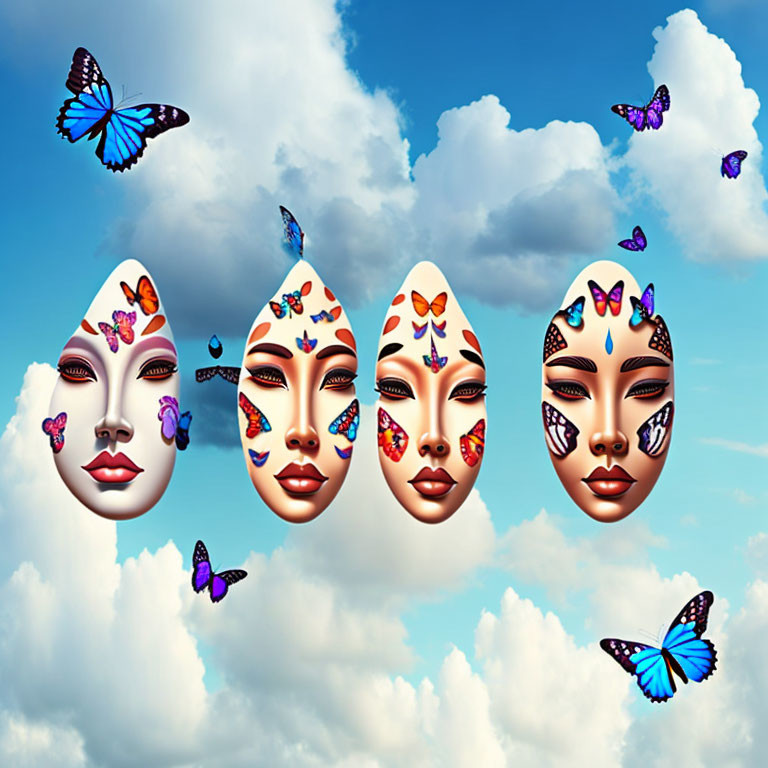 Stylized human faces as butterfly masks in blue sky