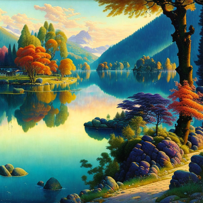 Scenic autumn landscape with lake, trees, mountains, and clear sky